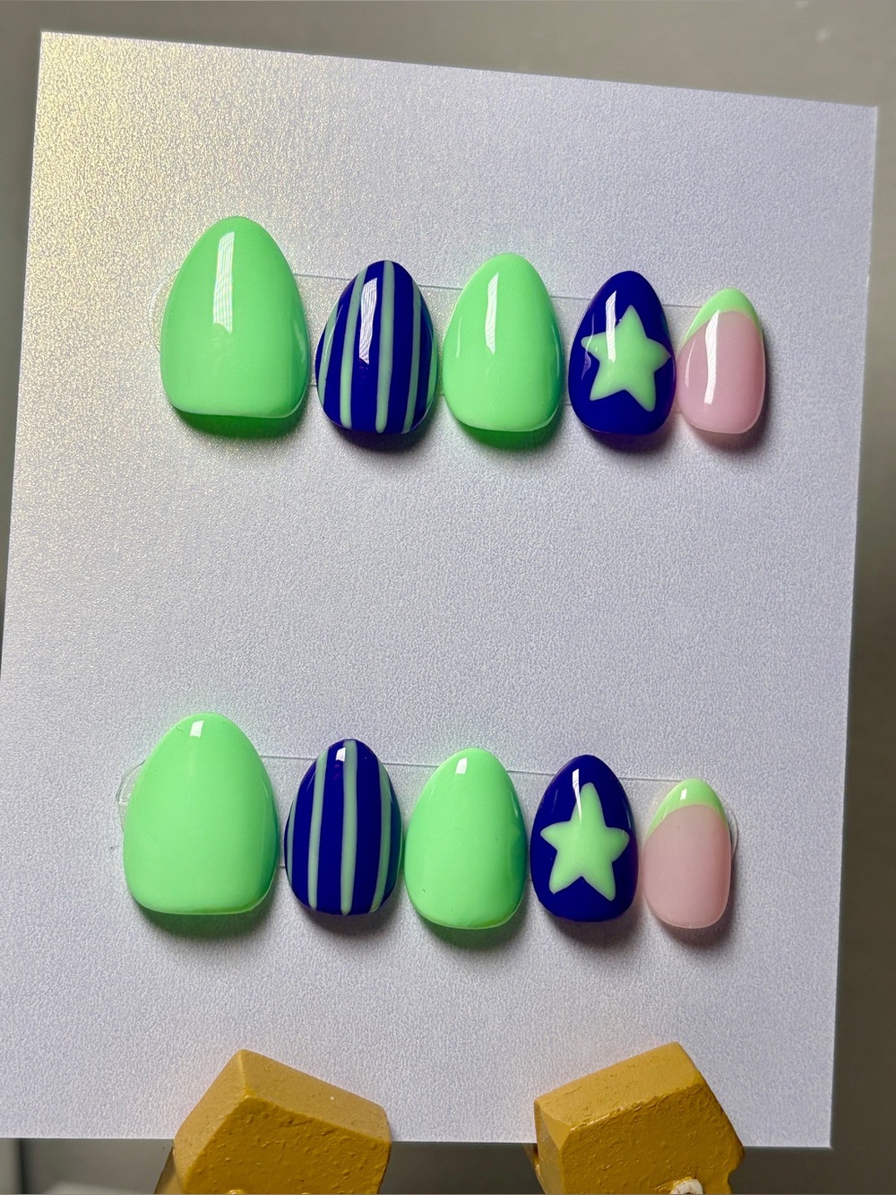 Green & Purple Star Handmade Press On Nails - Extra Short Almond (Size M)